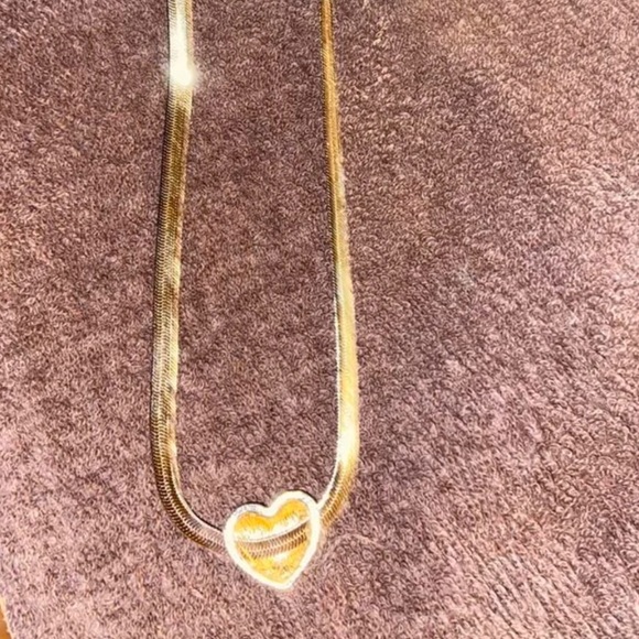 Heart Simulated Diamond inlaid, Herringbone Snake Chain Gold plated Necklace - Picture 5 of 7